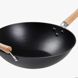 Black Cast Iron Wok with Wooden Handles